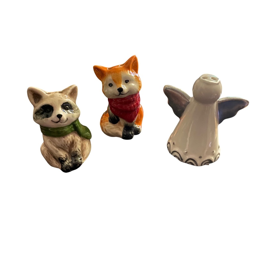 Cracker Barrel Ceramic Figurine Set Fox Raccoon Angel Woodland Decor NWT